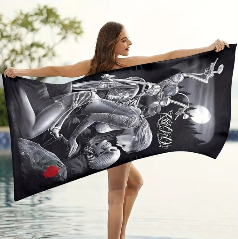 A Gothic Universe ✦ Ride or Die Towel ✦ Skull Biker Graphic Microfiber 59"x29½"